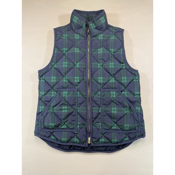 J.Crew Women’s Excursion Down Puffer Vest Navy Green Plaid Quilted Zip Size M - Picture 2 of 8